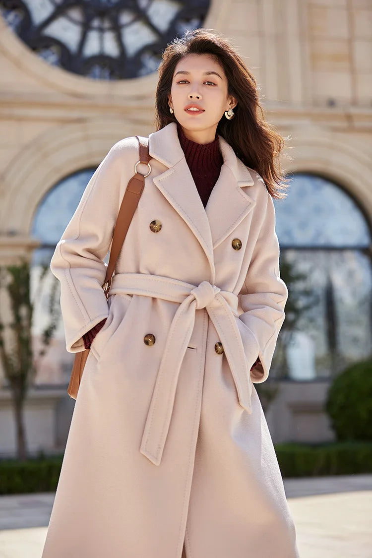 Women 100% Wool Coat For Winter Elegant Beautiful High Grade Brand Blends Double-breasted Office Woolen Overcoat XS With Belt