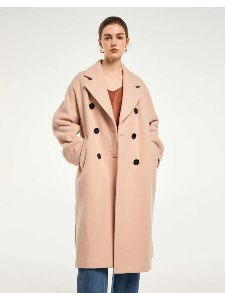 Sheep Wool women's Coat Autumn and Winter French Style Commuter Double-breasted Cashmere Coat Soft Shine Classic Pink Clothes