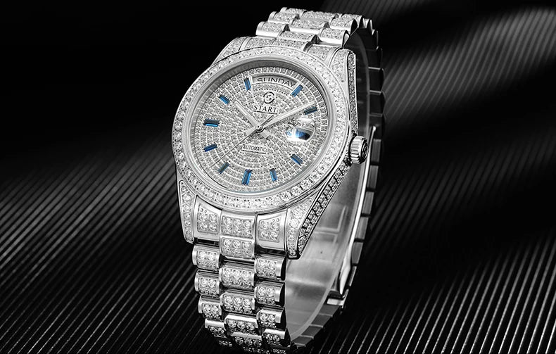 【START】Men's watch Swiss Automatic Mechanical Movement Diamond Watch Waterproof Date Week Function Golden watch