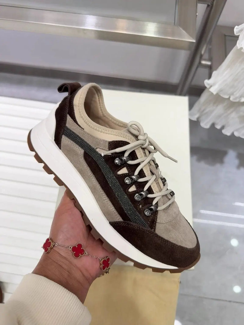 2025 Early Spring Full-Grain Leather Patchwork Chain Retro Color-Block Thick-Sole Casual Women's Shoes