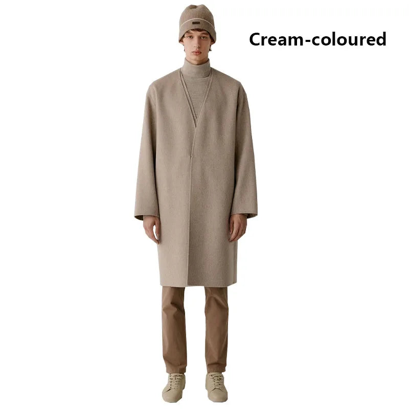 Double-sided cashmere autumn winter men's coat beige V-neck wool new fashion coat loose plus size fat 3XL 100KG warm soft wear