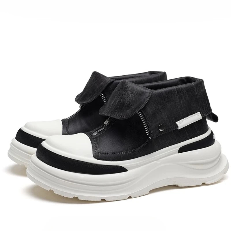 Genuine Leather Thick Soled High Top Board Shoes for Men's England Trendy Brand Front Zipper Comfortable Casual Workwear Shoes