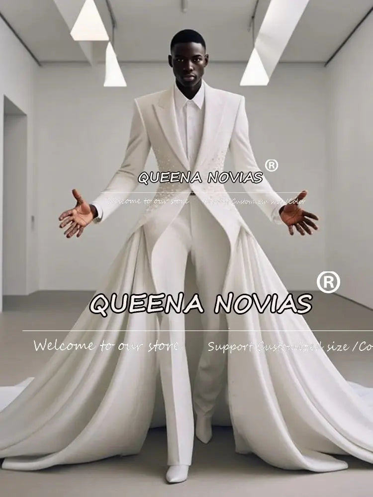 Exclusive Desing Wedding Suit Attire For Men With Pearls Single Breasted Prom Blazer With Moved Train Customized Groom Tuxedos