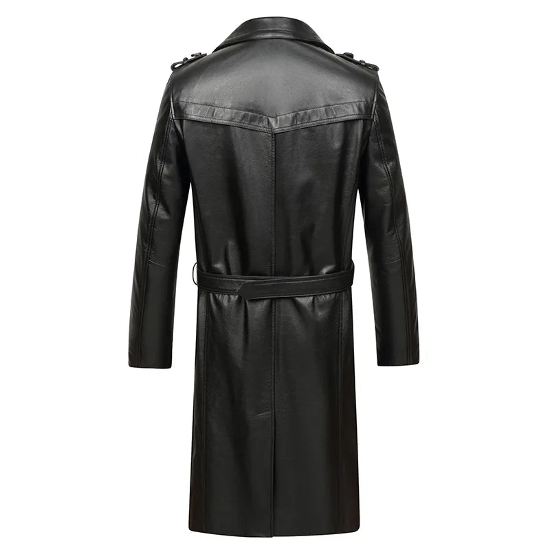 Men's Genuine Cowhide Leather Trench Coat Long Youth Handsome Belted Suit Collar Jacket for Autumn Winter 6XL