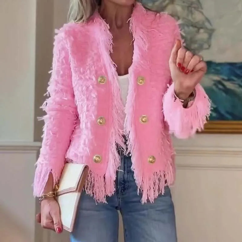 Women's Fashion Double-breasted Jackets 2025 Autumn Winter New Elegant High-end Temperament Tassel Top Coat Women's Clothing