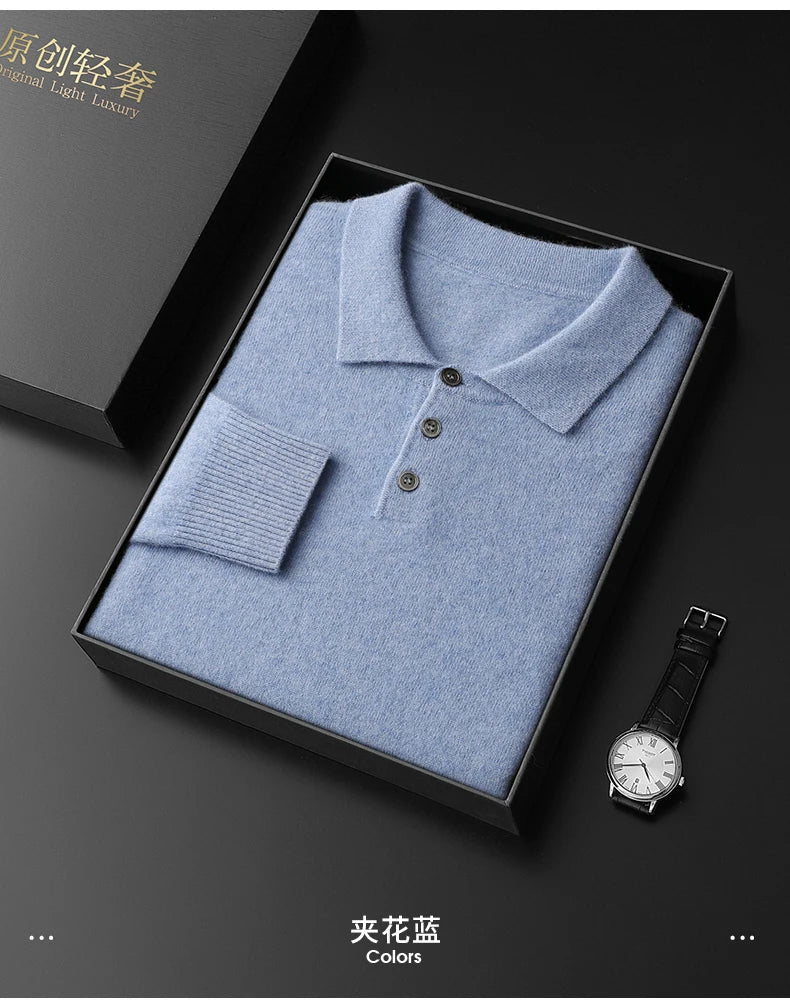 Men's POLO Collar Knitted Pullover Sweater 100% Cashmere Long Sleeved Shirt Casual Business Solid Color Men's Tops Autumn Winter