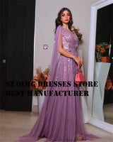 OIMGS Elegant V Neck Prom Dresse Long Cape Sleeves Sequined A-Line  Tulle Sweep Strain Women Evening Gowns Formal Party Dress