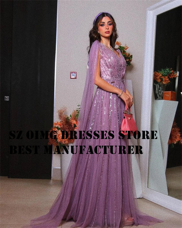 OIMGS Elegant V Neck Prom Dresse Long Cape Sleeves Sequined A-Line  Tulle Sweep Strain Women Evening Gowns Formal Party Dress