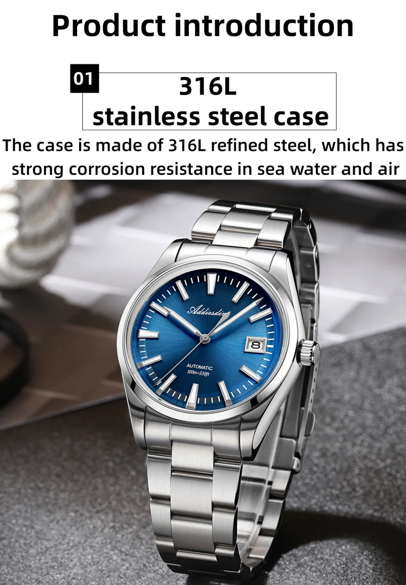 ADDIESDIVE NEW AD2077 Men Mechanical Wristwatches Sunburst Dial AR Coated Coated Dome Glass Waterproof Luxury Automatic Watches