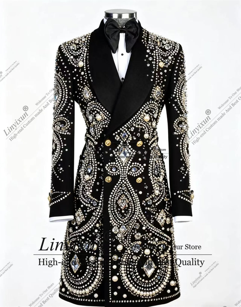 Autumn winter Long Coats Sparkly Gem Rhinestones Wedding Tuxedos Customized Peaked Lapel Ropa hombre 1 Pieces Groom Male Blazers