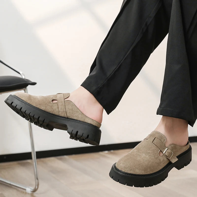 Fashion Khaki Suede Loafers Round Toe Toe  Thick Soled Slippers Men's Leather Shoes Party Casual Thick Soled Shoes for Men