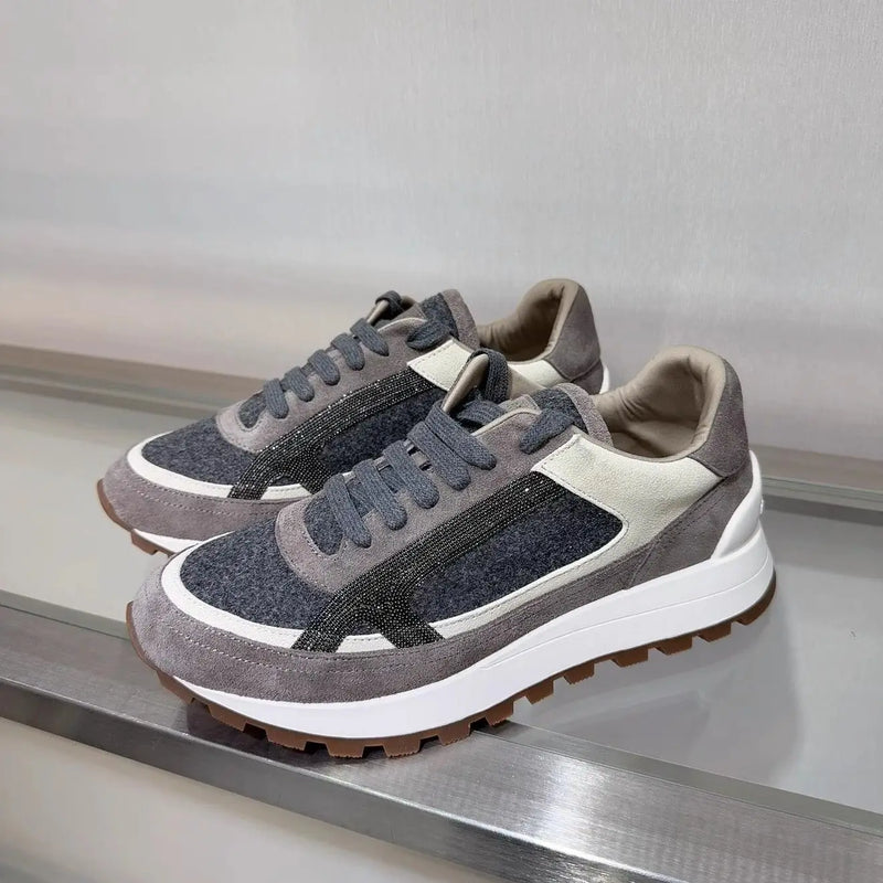 2025 Early Spring Full-Grain Leather Patchwork Chain Retro Color-Block Thick-Sole Casual Women's Shoes