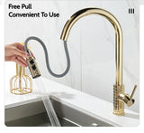 Kitchen Brush Gold Patterned Brass Faucet Pull Out 360 Degree Swivel Hot And Cold Mixer Tap Stream Sprayer Head Single Handle