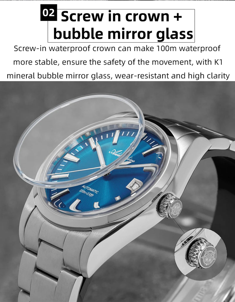 ADDIESDIVE NEW AD2077 Men Mechanical Wristwatches Sunburst Dial AR Coated Coated Dome Glass Waterproof Luxury Automatic Watches