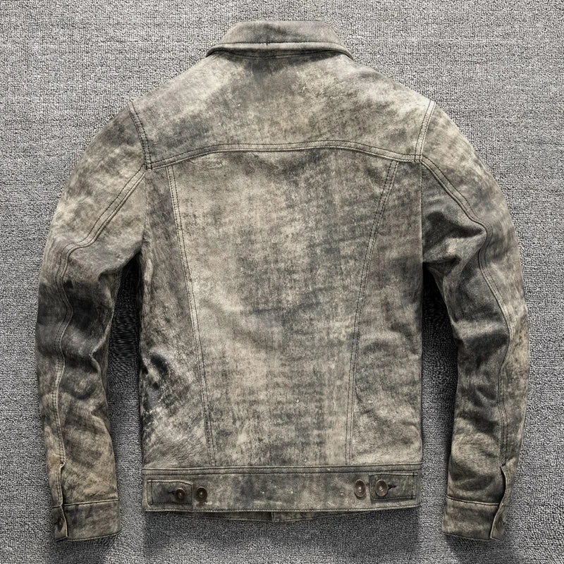 Camouflage Grey Spring Leather Jacket Men Vintage Style Genuine Natural Sheepskin Single Breasted Leather Coat