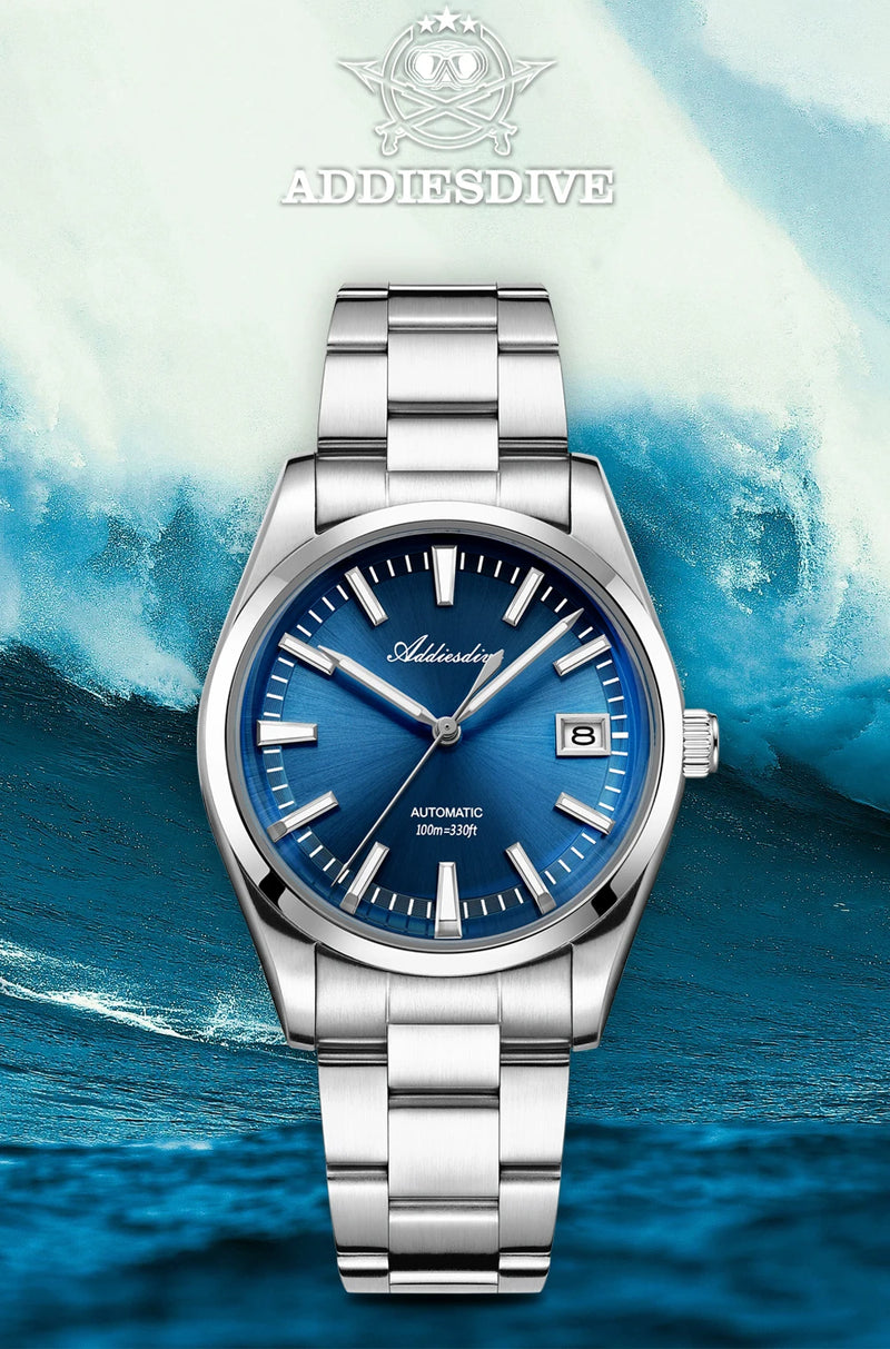 ADDIESDIVE NEW AD2077 Men Mechanical Wristwatches Sunburst Dial AR Coated Coated Dome Glass Waterproof Luxury Automatic Watches