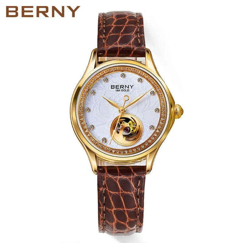 BERNY Luxury 18K Gold Mechanical Watch for Women Automatic Self-Wind Sapphire Ladies Wristwatch 72 Diamond 5ATM Skeleton Design