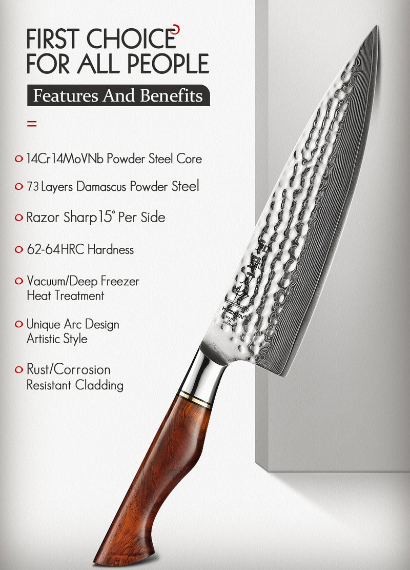HEZHEN 8.3 Inches Chef Knife Power Steel Core 73 Layer Damascus Steel Kitchen Tools For Maet Cooking Knives Beautiful Gift Box