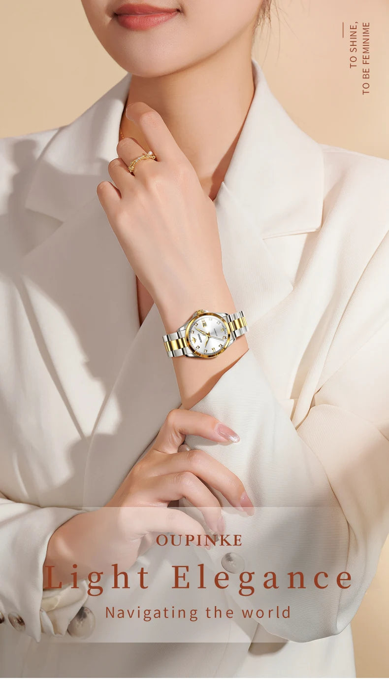 Original OUPINKE 3199 Swiss Automatic Mechanical Watch for Women Real Diamond Sapphire Mirror Ladies Watch Bracelet Set Gift NEW