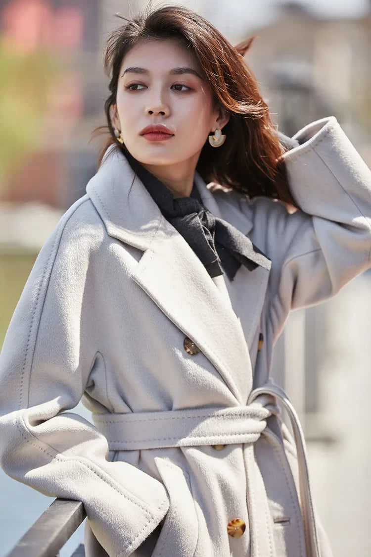Women 100% Wool Coat For Winter Elegant Beautiful High Grade Brand Blends Double-breasted Office Woolen Overcoat XS With Belt