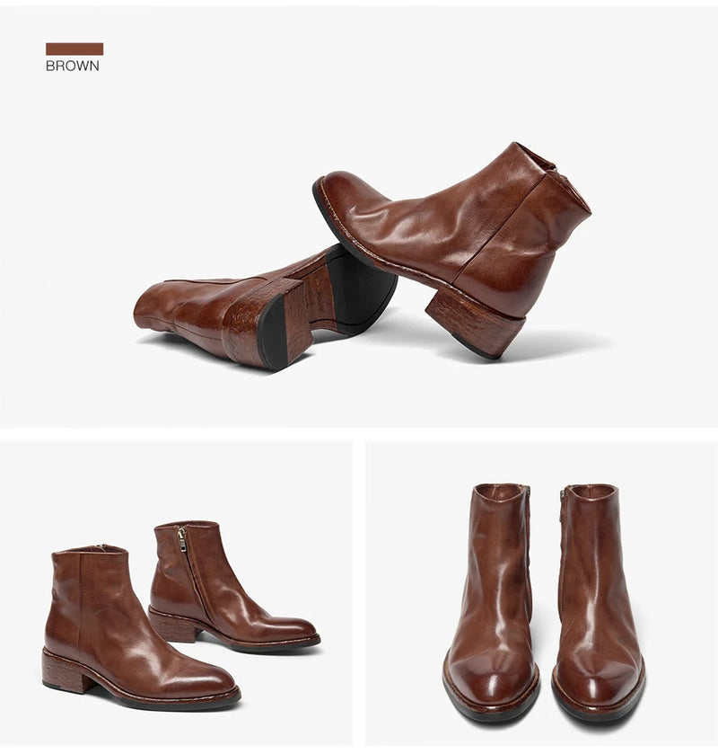 BEAUTODAY Chelsea Boots Women Horse Leather Solid Color Round Toe Zipper Ankle Boots Ladies Shoes Handmade 03D63