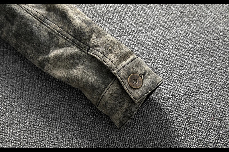 Camouflage Grey Spring Leather Jacket Men Vintage Style Genuine Natural Sheepskin Single Breasted Leather Coat
