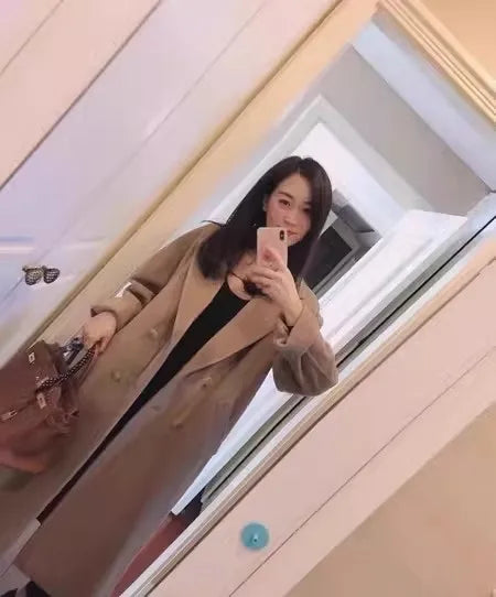 Women 100% Wool Coat For Winter Elegant Beautiful High Grade Brand Blends Double-breasted Office Woolen Overcoat XS With Belt