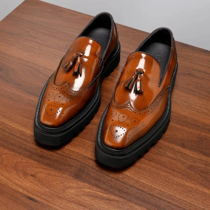 Mens Genuine Leather Loafers Summer Slip On Breathable Thick Sole Brogue Tassel Casual Dress Shoes