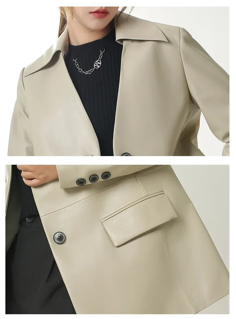 Women's Leather Jacket Coat, Collarless Suit, The First Layer Sheepskin, Lady Leather Coat, Spring and Autumn Fashion