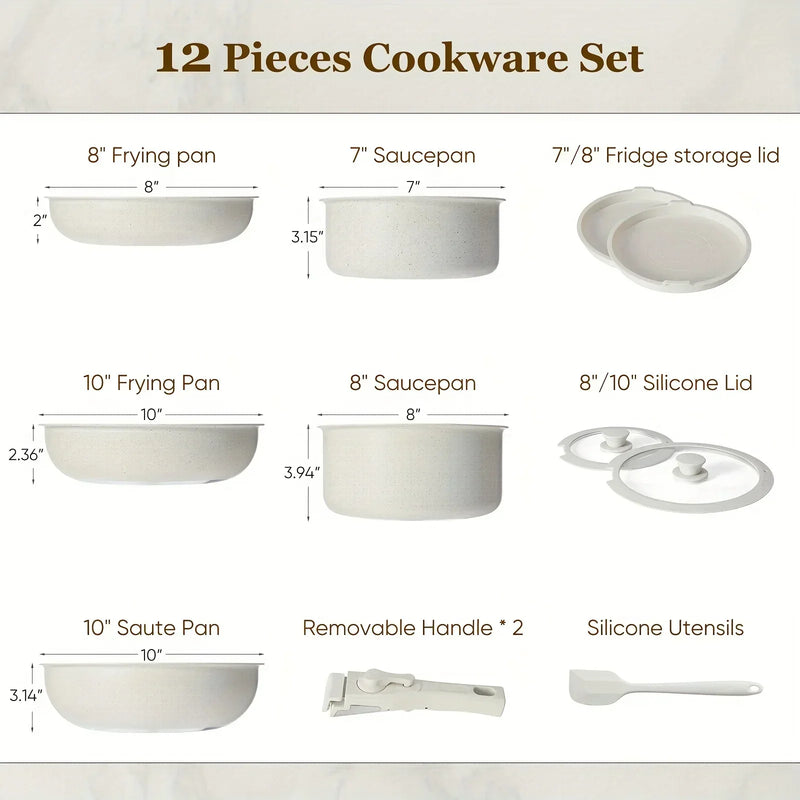 12pcs  White Granite, Nonstick Pots and Pans Set, Induction Cookware Non Stick Cooking Set, Frying Pans & Saucepans with