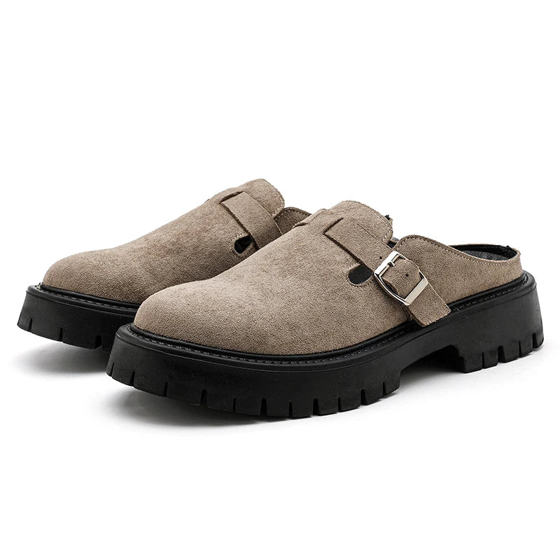 Fashion Khaki Suede Loafers Round Toe Toe  Thick Soled Slippers Men's Leather Shoes Party Casual Thick Soled Shoes for Men