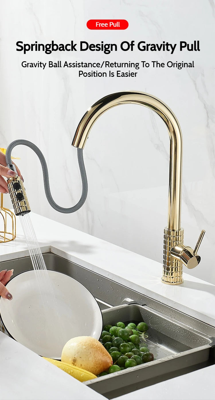 Kitchen Brush Gold Patterned Brass Faucet Pull Out 360 Degree Swivel Hot And Cold Mixer Tap Stream Sprayer Head Single Handle