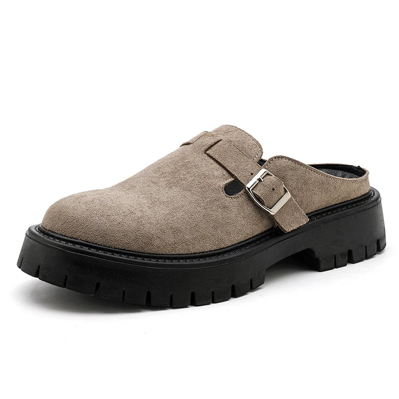 Fashion Khaki Suede Loafers Round Toe Toe  Thick Soled Slippers Men's Leather Shoes Party Casual Thick Soled Shoes for Men