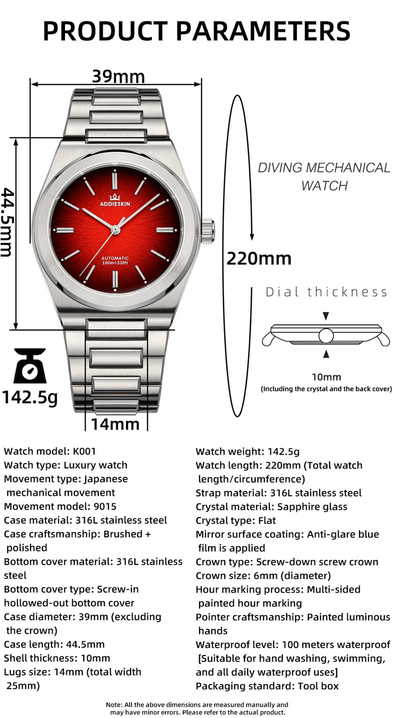 ADDIESKIN Luxury Stainless Steel Man Watch Sapphire Crystal Waterproof 39mm Luminous 9015 Automatic Mechanical Watches For Man