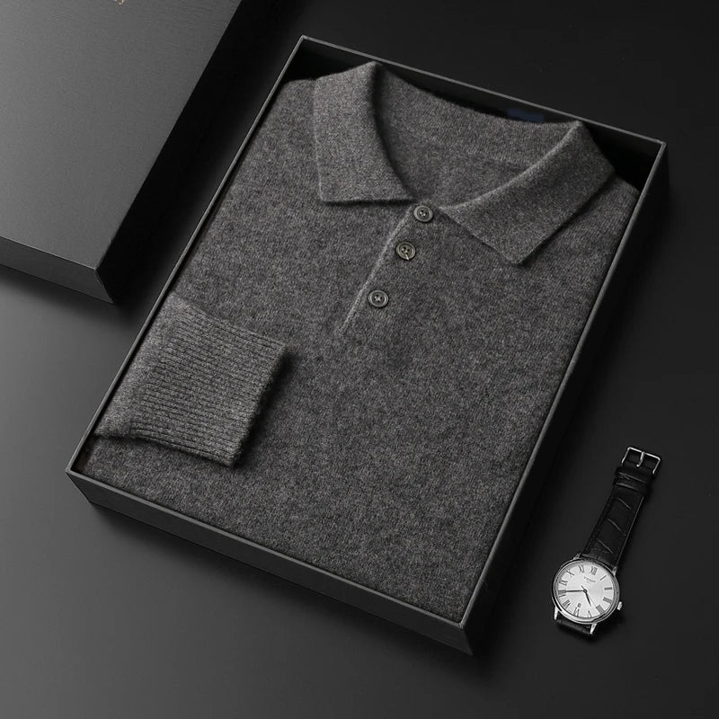 Men's POLO Collar Knitted Pullover Sweater 100% Cashmere Long Sleeved Shirt Casual Business Solid Color Men's Tops Autumn Winter