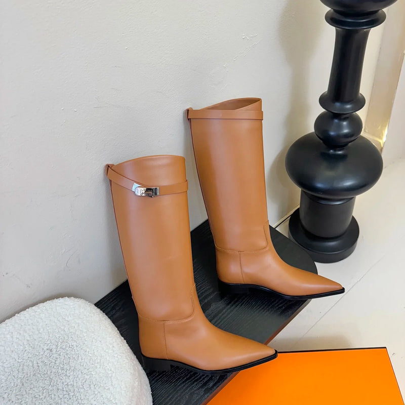 Hot Sale Long womens boots Knee-high boots Luxe-Design Pointed toe and Genuine leather sole Cowhide straight boots size 35-41