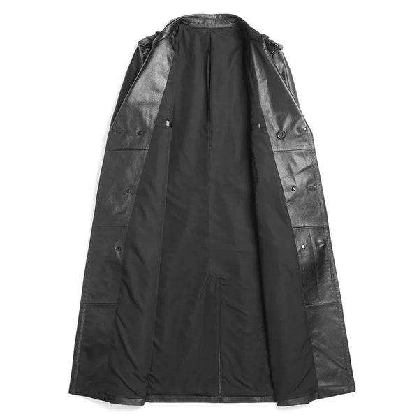 Men's Genuine Cowhide Leather Trench Coat Long Youth Handsome Belted Suit Collar Jacket for Autumn Winter 6XL