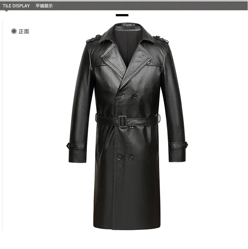 Men's Genuine Cowhide Leather Trench Coat Long Youth Handsome Belted Suit Collar Jacket for Autumn Winter 6XL