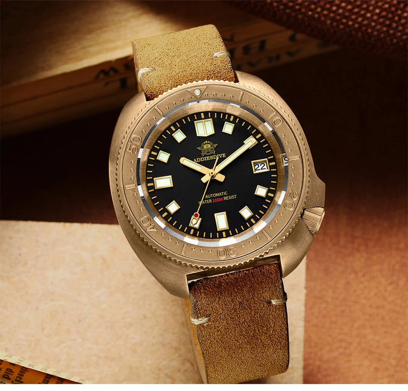 ADDIESDIVE AD2104 Retro Men's Watch CUSN8 Bronze Case Sapphire Automatic Mechanical Watch Watches Waterproof Luminous Wristwatch