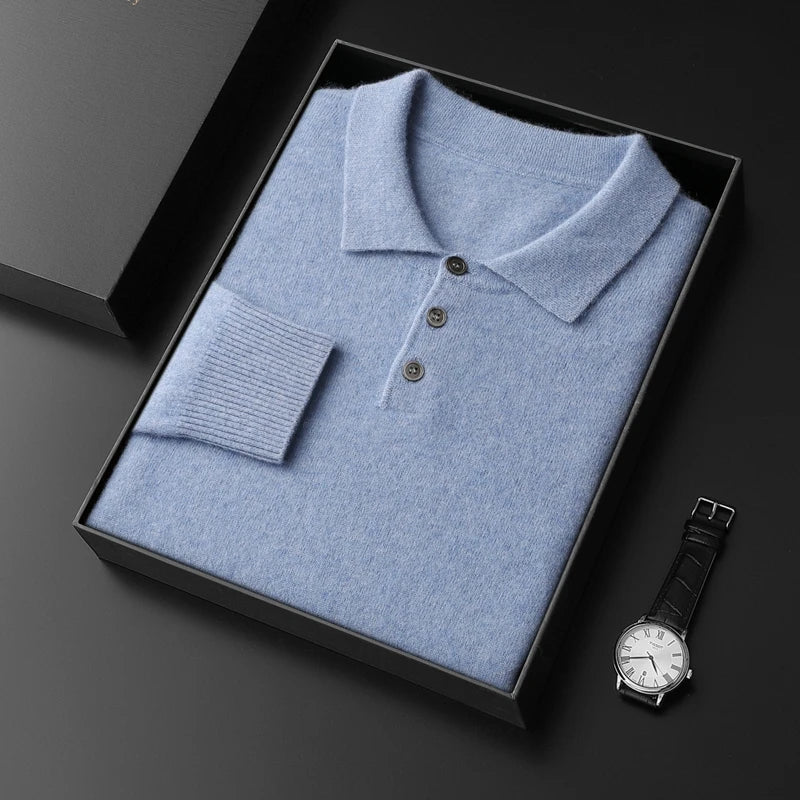 Men's POLO Collar Knitted Pullover Sweater 100% Cashmere Long Sleeved Shirt Casual Business Solid Color Men's Tops Autumn Winter
