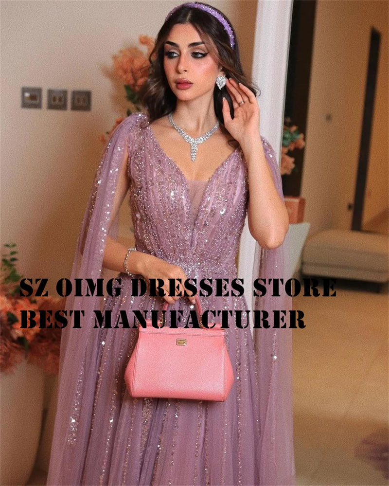 OIMGS Elegant V Neck Prom Dresse Long Cape Sleeves Sequined A-Line  Tulle Sweep Strain Women Evening Gowns Formal Party Dress