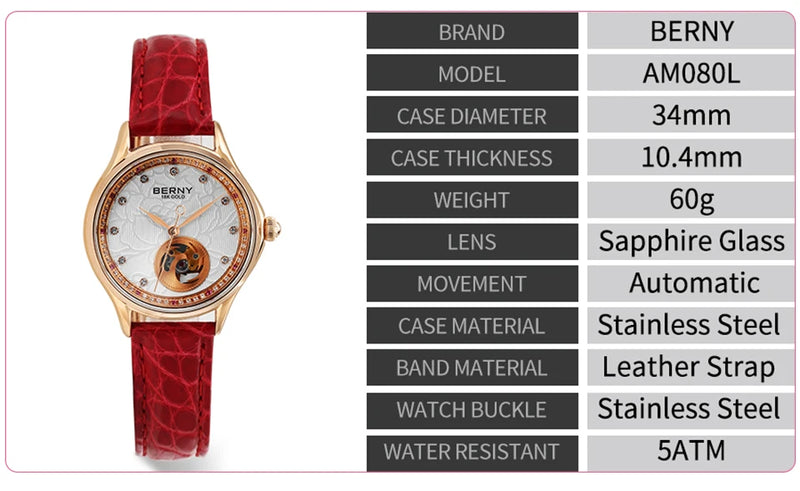 BERNY Luxury 18K Gold Mechanical Watch for Women Automatic Self-Wind Sapphire Ladies Wristwatch 72 Diamond 5ATM Skeleton Design