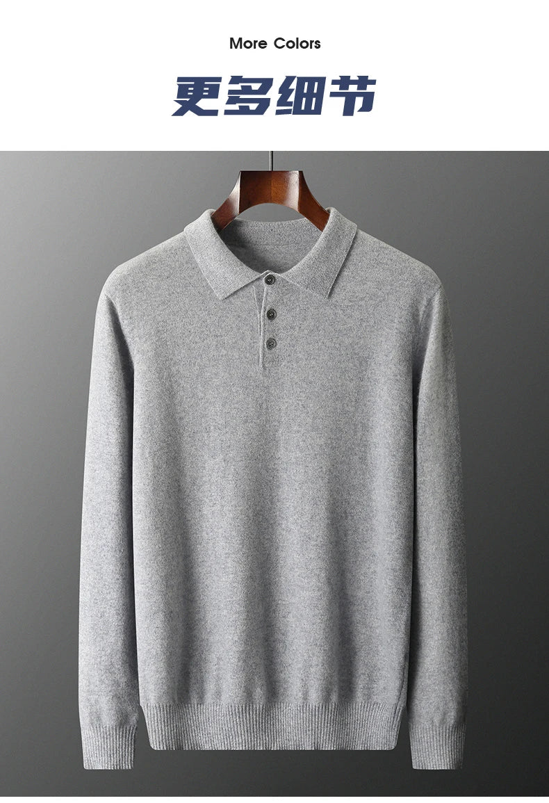 Men's POLO Collar Knitted Pullover Sweater 100% Cashmere Long Sleeved Shirt Casual Business Solid Color Men's Tops Autumn Winter