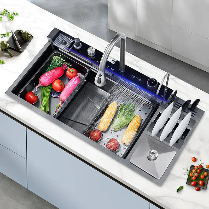 100 CM Large Size Single Slot Stainless Steel Kitchen Sink Multifunctional With Trash Can and Draining Rack Wash Vegetable Basin