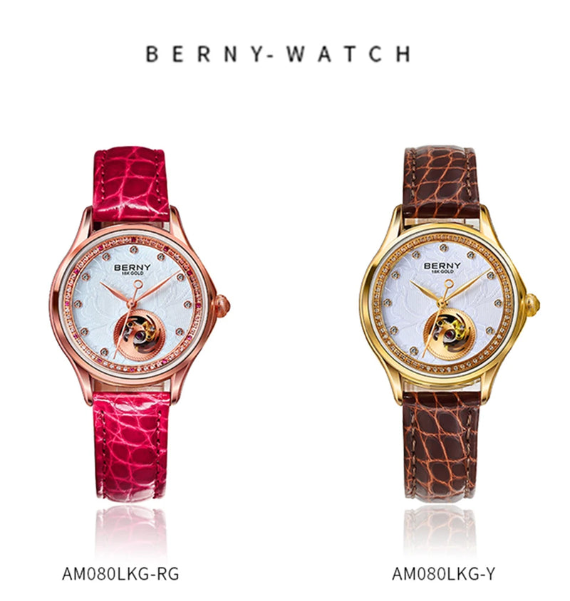 BERNY Luxury 18K Gold Mechanical Watch for Women Automatic Self-Wind Sapphire Ladies Wristwatch 72 Diamond 5ATM Skeleton Design
