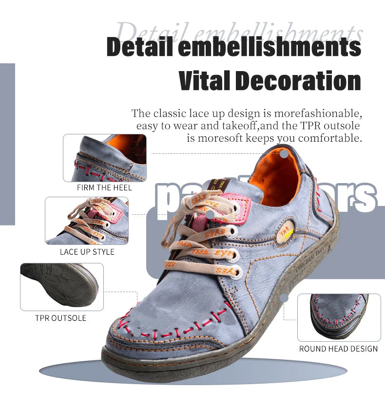 TMA EYES Women's Hand-Stitched Leather Sneakers Lightweight Flat Design Shoes For Women For Autumn Seasons