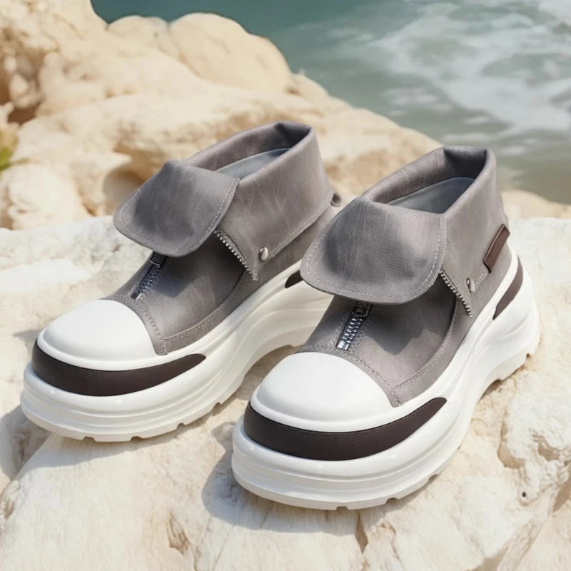 Genuine Leather Thick Soled High Top Board Shoes for Men's England Trendy Brand Front Zipper Comfortable Casual Workwear Shoes