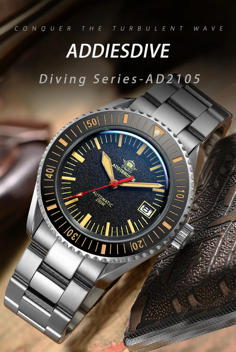 ADDIESDIVE Men's Watches Ceramic bezel Leather/Stainless Steel Sapphire Automatic Mechanical Watch 20ATM Waterproof Reloj Hombre