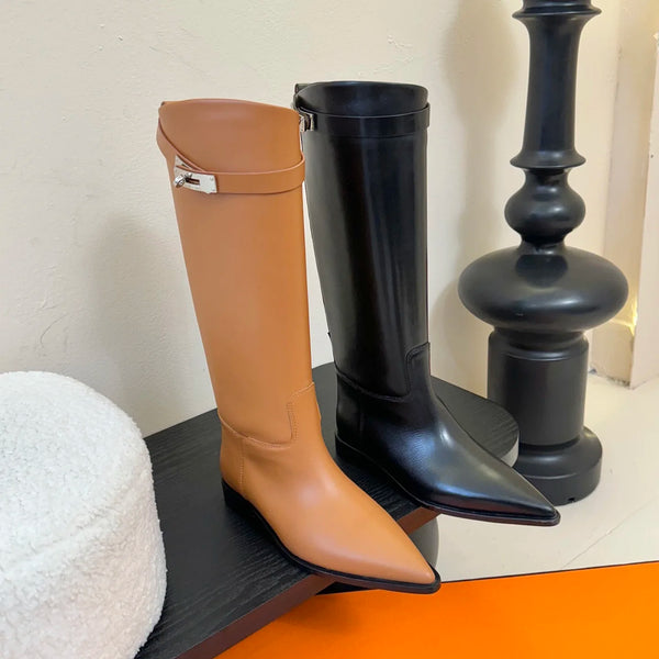 Hot Sale Long womens boots Knee-high boots Luxe-Design Pointed toe and Genuine leather sole Cowhide straight boots size 35-41