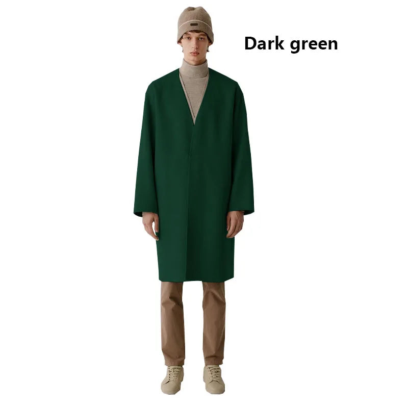 Double-sided cashmere autumn winter men's coat beige V-neck wool new fashion coat loose plus size fat 3XL 100KG warm soft wear